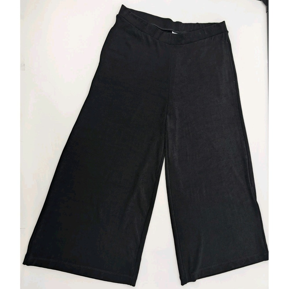 New Chicos Pants Size L Black Cropped Wide Leg Slinky Pull On Career Casual